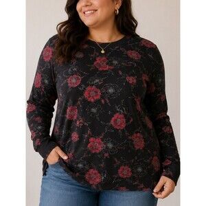 White Stag Mock Neck Black and Red Rose Long Sleeve Cotton Tee - Size 1X